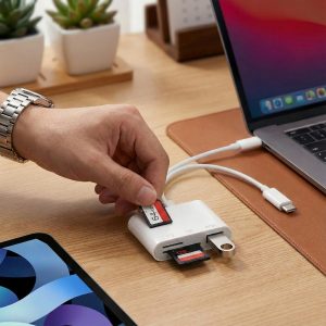 Dvigubas kortelių skaitytuvas - SD ir MicroSD, Lightning + USB-C | FILEDIRECT